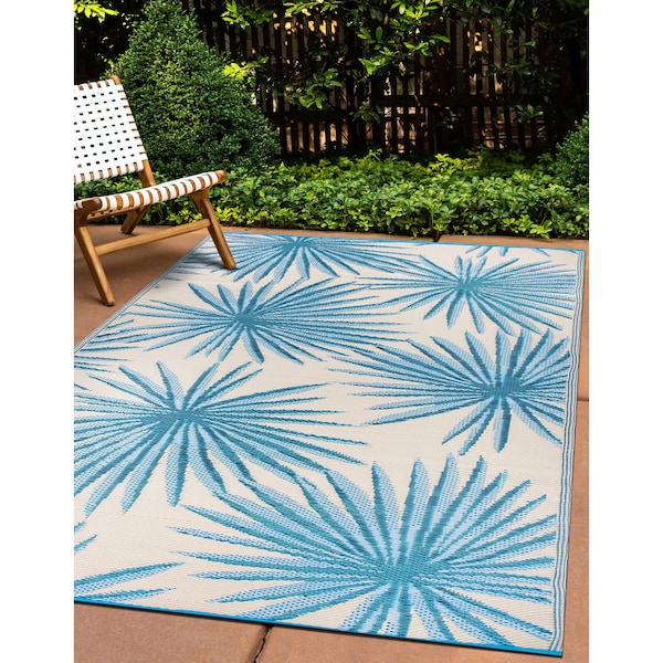 World Rug Gallery Floral Tropical Reversible Recycled Plastic 3' X 5' Blue Outdoor Rug 6075BLUE3X5 - main